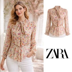 Zara Pleasant Floral Tie Peplum Blouse